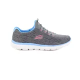 Championes Skechers Summits Fun Flair, color gris con detalles en celeste y rosa. Capellada de malla jaspeada, cordones elásticos, plantilla Memory Foam y suela flexible.
