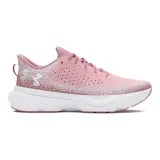 Zapatillas de running Under Armour Infinite para mujer, con capellada de tejido knit degradado en tonos gris y verde flúor, logo de la marca en el talón y suela blanca con tecnología HOVR.