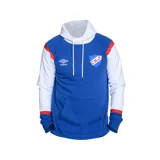 Canguro de fútbol Umbro del Club Nacional de Football, color azul con mangas blancas y detalles en rojo. Incluye capucha con cordones blancos, bolsillo tipo canguro y escudo del club bordado en el pecho.
