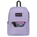 Mochila Jansport Superbreak Plus color lila con logo de la marca en el frente.