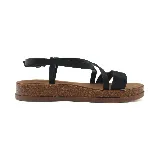 Sandalias marrones de cuero sintético con plataforma de corcho, tiras cruzadas y hebilla ajustable.