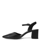 Zapato de cuero negro con punta fina, taco cuadrado y tobillera con hebilla.