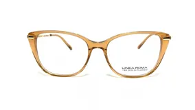 Armazón para lentes de acetato color caramelo con detalles dorados y forma de ojo de gato.