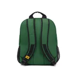 Mochila negra con estampado geométrico, logo de Caterpillar en el frente, anillo en D, tiradores de cremallera negro mate, tirantes ajustables de malla elástica, bolsillo portaobjetos y ranuras para bolígrafos en el compartimento principal, compartimento trasero principal con bolsillo acolchado para un portátil.