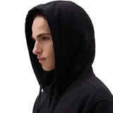 Campera Vans negra con capucha, cierre frontal y logo blanco estampado en el pecho.