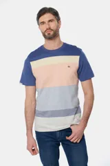 Remera de manga corta con diseño a rayas horizontales en blanco, gris, azul y celeste.
