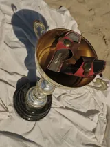 Sandalias de cuero marrón con detalles en rojo y hebilla dorada.