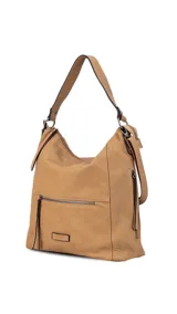 Cartera tipo hobo color tostado, con correa de hombro y correa bandolera ajustable y extraíble. Tiene cierre superior, bolsillo frontal con cierre y bolsillos internos.