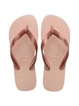 Chancletas Havaianas Slim color rosa viejo, con tiras finas con diseño de espiga y logo de la marca en relieve.