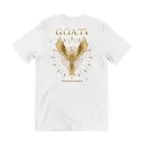 Remera blanca de algodón con cuello redondo y estampado pequeño en el pecho con un ave fénix dorada y la leyenda "GOAT's".