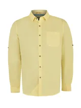 Camisa casual de hombre RKF Galiton, color amarillo claro, de manga larga ajustable con botones de madera. Confeccionada en popelina 100% algodón orgánico, con bolsillo de pecho con logo bordado y protección UV 20+.