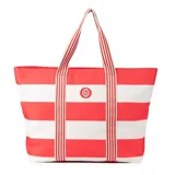 Bolso tote grande de poliéster con diseño de rayas horizontales rojas y blancas. Tiene cierre superior, asas fijas con diseño de rayas verticales rojas y blancas, bolsillo interno con cierre y dos bolsillos abiertos.