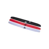Set de tres bandas elásticas Adidas para el pelo, en colores negro, rojo y blanco con logo estampado.