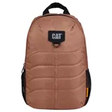 Mochila Caterpillar color verde con diseño geométrico en relieve. Cuenta con un compartimento principal con cierre de cremallera, un bolsillo interior para objetos pequeños y un compartimento trasero acolchado para laptop. Tiene tirantes ajustables de malla elástica, asa de mano y logo de la marca en el frente.