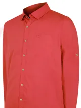 Camisa casual de hombre RKF Galiton, color amarillo claro, de manga larga ajustable con botones de madera. Confeccionada en popelina 100% algodón orgánico, con bolsillo de pecho con logo bordado y protección UV 20+.