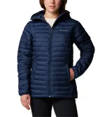 Campera puffer Columbia Silver Falls II Hood para mujer, color azul marino, con capucha y cierre frontal. Cuenta con tecnología Omni-Shield que repele la humedad y Thermarator que mantiene el calor.