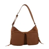 Cartera bandolera marrón con dos bolsillos frontales con cierre, correa ajustable y logo de la marca en el lateral.