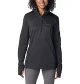 Buzo polar Columbia de mujer, color gris oscuro, con media cremallera frontal, tecnología Omni-Wick, orificios para pulgares y bolsillo de seguridad con cremallera en la manga.