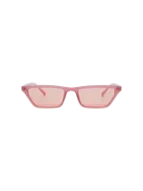 Lentes de sol rectangulares color rosa con marco de acetato y lentes espejados.