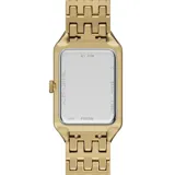 Reloj Fossil modelo Raquel con caja rectangular dorada de 23mm y esfera negra con números romanos. La pulsera es de acero inoxidable dorado con eslabones.