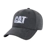 Gorro de gabardina color gris con logo CAT bordado en blanco en el frente.