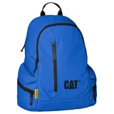 Mochila Caterpillar color rosa con logo negro estampado en el frente. Tiene un compartimento principal con cierre, un bolsillo frontal con cierre vertical y dos bolsillos laterales con cierre. Las correas son ajustables y acolchadas.