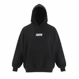 Buzo canguro negro con capucha y bolsillo delantero. Estampado frontal con la frase "Facha Posta" en letras blancas. Corte holgado.