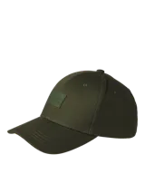 Gorro verde militar con visera, cierre trasero con hebilla metálica y logo bordado en el frente.