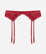 Cinta liga roja de encaje floral con tiras ajustables.