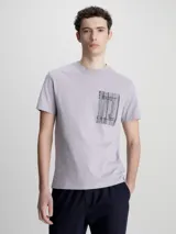 Remera gris de manga corta con cuello redondo y bolsillo en el pecho con estampado abstracto y logo de Calvin Klein.