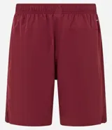 Bermuda deportiva color beige, de tejido plano de poliéster, con cintura elástica y cordón de ajuste. Posee bolsillos laterales con cierre y recortes laterales con perforaciones.