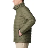 Campera puffer verde militar para hombre, marca Columbia, modelo Powder Lite II. Cuenta con cierre frontal, cuello alto, bolsillos laterales con cierre y logo de la marca bordado en el pecho.