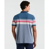 Polo de piqué a rayas horizontales en tonos azul, blanco y rosa. Cuello clásico y logo bordado en el pecho.