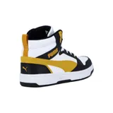 Championes de caña media Puma Rebound V6, color blanco con detalles en negro y amarillo mostaza.