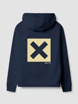 Buzo hoodie azul marino con capucha y cordones ajustables, de corte holgado y puños elásticos. Presenta un estampado en la espalda con una cruz dorada dentro de un cuadrado y texto en japonés.