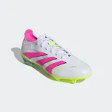 Championes de fútbol Adidas Predator League, color blanco con detalles en rosa vibrante, amarillo neón y azul claro. Presentan tres franjas laterales en rosa y amarillo neón, y la palabra "PREDATOR" en el talón.