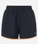 Short runner deportivo negro para mujer, con cintura elástica y bies contrastante de color naranja en los bordes.