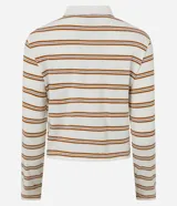 Blusa polo de manga larga con rayas horizontales color crema y marrón. Tiene cuello clásico con botones y puños con botones.