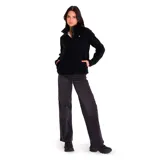 Buzo polar negro de mujer, marca CAT, con cierre de tres botones en el cuello, parche con el logo de la marca en el pecho, bolsillos laterales y puños elásticos.