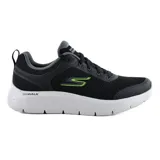 Championes deportivos Skechers Go Walk Flex Independent, color negro con detalles en gris y logo verde neón. Capellada de malla y material sintético, plantilla Air-Cooled Goga Mat, amortiguación Ultra Go y suela flexible.