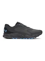 Championes Under Armour Charged Bandit Trail 3 para mujer, diseñados para trail running. Color gris con detalles en negro y celeste.