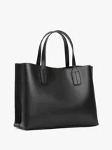 Cartera tote negra de Tommy Hilfiger, con doble asa de mano y correa de hombro textil extraíble. Presenta logo dorado de la marca en el frente y monedero extraíble con cremallera.