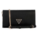 Mini bolso bandolera Guess Noelle color negro con correa de cadena dorada y logo triangular dorado.
