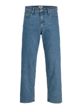 Pantalón jean azul de corte baggy, tiro alto y diseño clásico de cinco bolsillos.