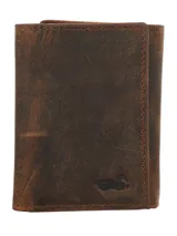 Billetera trifold de cuero marrón con costuras a la vista y logo de pato grabado en la esquina inferior. Cuenta con diez compartimentos para tarjetas, ventana plástica para identificación y compartimento para billetes.