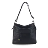 Cartera marrón de simil cuero con bolsillo frontal con tapa y cierre dorado. Tiene correa larga regulable y asa de mano.