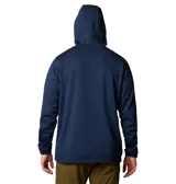 Buzo polar Columbia con capucha, color azul marino, con bolsillo tipo parche en el pecho de color azul más claro con cierre vertical.