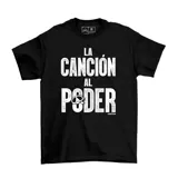 Remera negra de algodón con estampado frontal en blanco con la frase "La Canción al Poder" y un dibujo de un micrófono con forma de calavera.