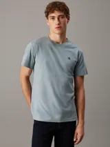 Remera celeste de algodón con cuello redondo y logo CK bordado en el pecho.