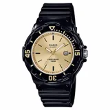 Reloj Casio LRW200H-9EVDF para mujer, con caja de resina negra de 34mm y esfera dorada. Cuenta con bisel giratorio tipo diver, agujas luminosas, formato 12/24 h y resistencia al agua 100m.